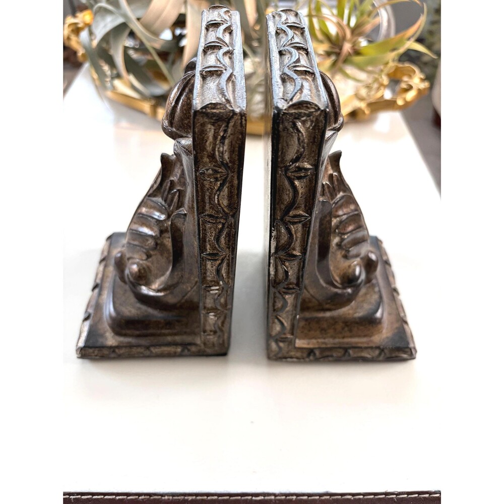 VTG Ornate Bookends Pair Faux Carved Wood Style Book Ends Library Decor